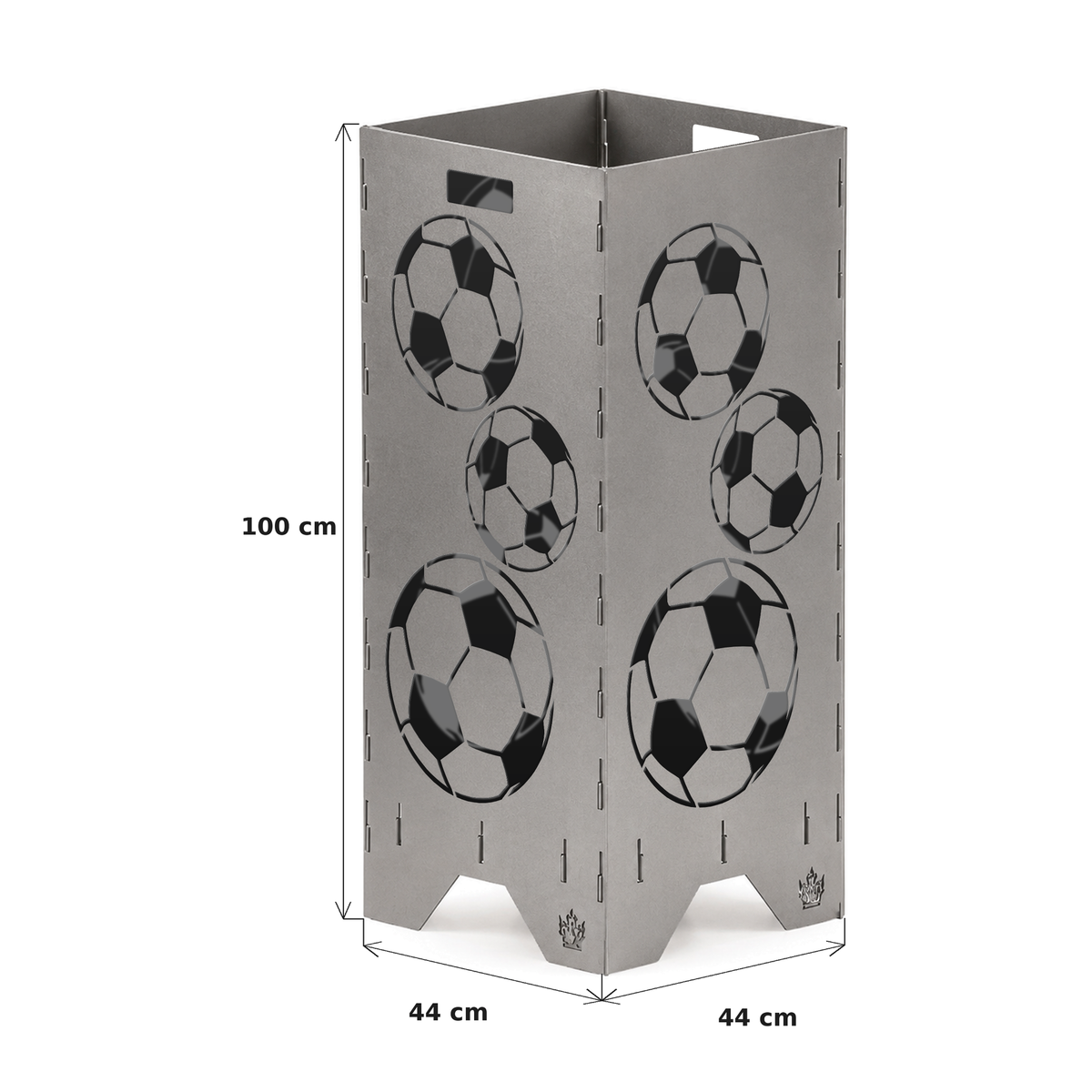 Maße der Feuertonne Fußball 1 m: 100 cm hoch, Grundfläche 44 x 44 cm