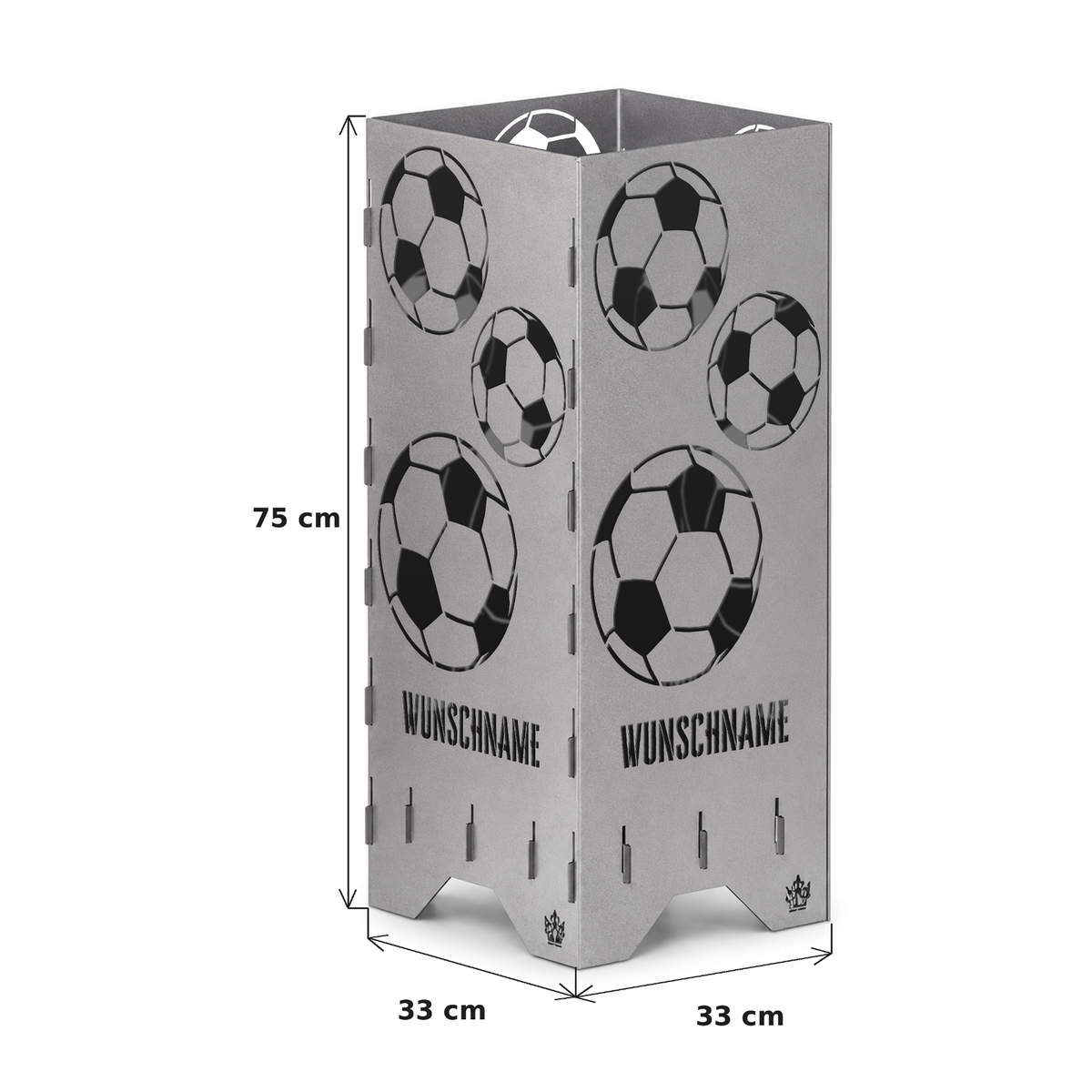 Maße der Feuertonne Fußball 75 cm: 75 cm hoch, Grundfläche 33 x 33 cm