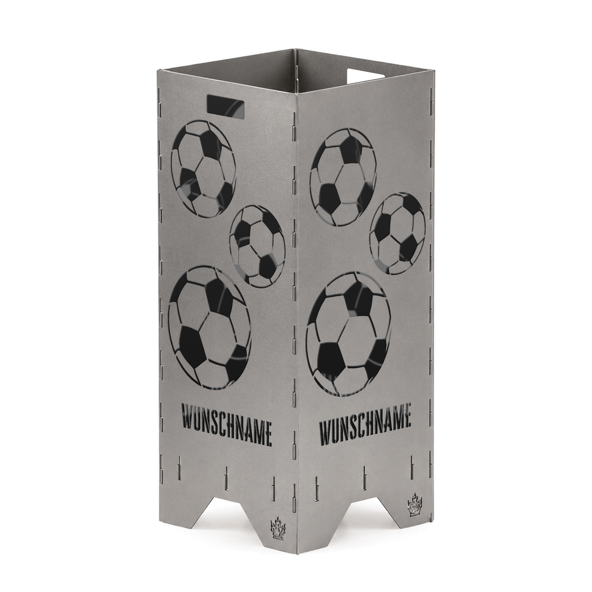 Personalisierte Feuertonne Fußball 1 m aus Stahl mit Fußbällen und Wunschname