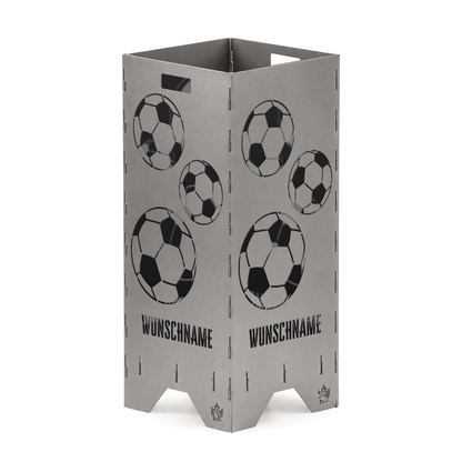 Personalisierte Feuertonne Fußball 1 m aus Stahl mit Fußbällen und Wunschname