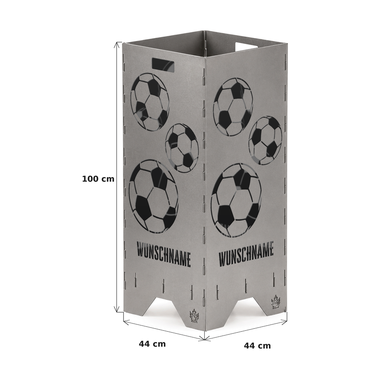 Maße der Feuertonne Fußball 1 m: 100 cm hoch, Grundfläche 44 x 44 cm