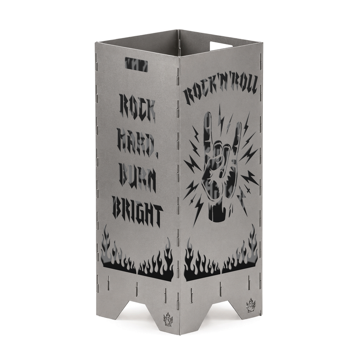 Feuertonne Rock 'n' Roll 1 m aus Stahl mit Rock Hand, Flammen und Spruch Rock hard, burn bright