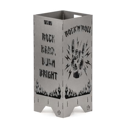Feuertonne Rock 'n' Roll 1 m aus Stahl mit Rock Hand, Flammen und Spruch Rock hard, burn bright