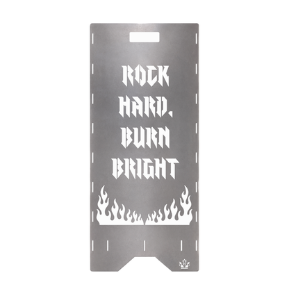 Seitenteil der Feuertonne Rock 'n' Roll 1 m mit Spruch Rock hard, burn bright und Flammen