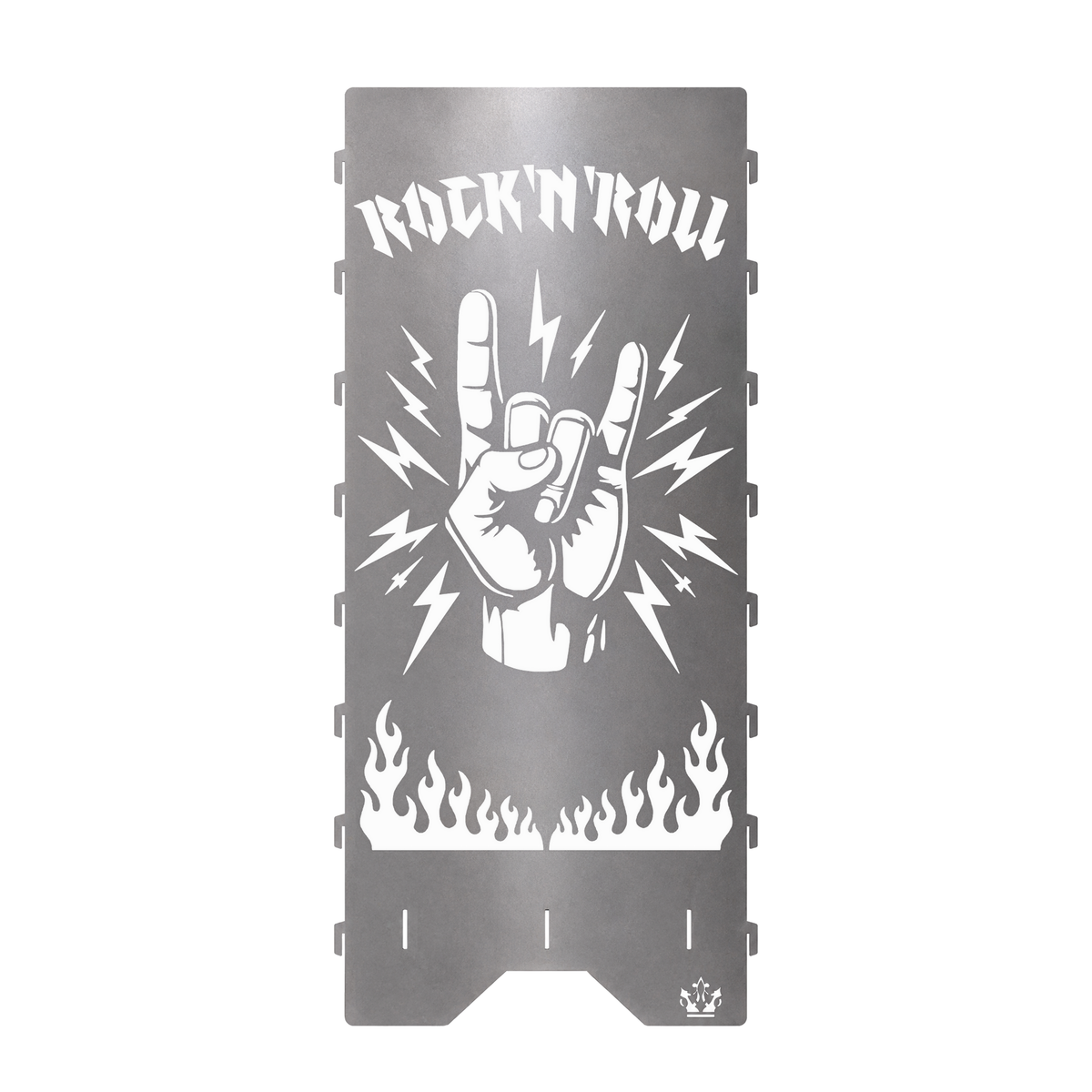 Seitenteil der Feuertonne Rock 'n' Roll 1 m mit Rock 'n' Roll Hand, Blitzen und Flammen