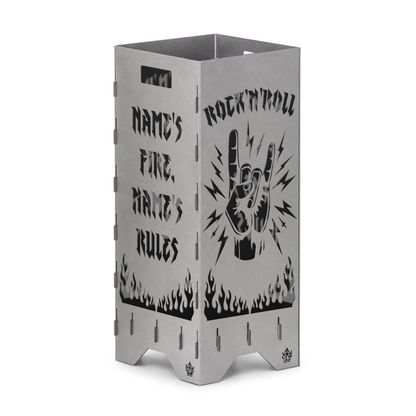 Personalisierte Feuertonne Rock 'n' Roll aus Stahl mit Rock Hand und Wunschname im Spruch, Titelbild