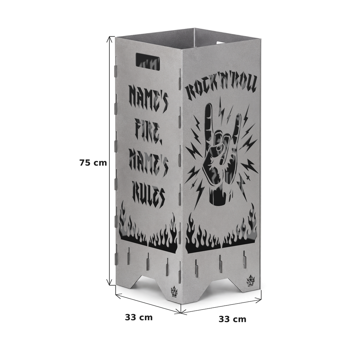 Maße der Feuertonne Rock 'n' Roll 75 cm: 75 cm hoch, Grundfläche 33 x 33 cm