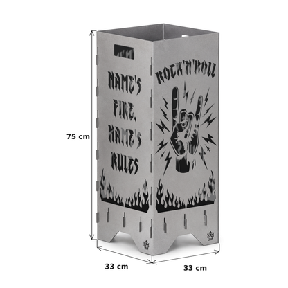 Maße der Feuertonne Rock 'n' Roll 75 cm: 75 cm hoch, Grundfläche 33 x 33 cm