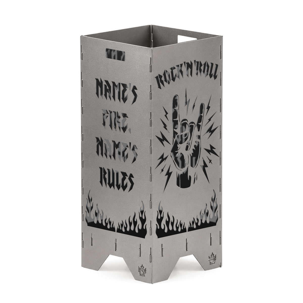 Personalisierte Feuertonne Rock 'n' Roll 1 m aus Stahl mit Rock Hand und Wunschname im Spruch