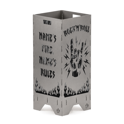 Personalisierte Feuertonne Rock 'n' Roll 1 m aus Stahl mit Rock Hand und Wunschname im Spruch