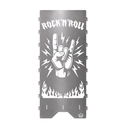 Seitenteil der Feuertonne Rock 'n' Roll 1 m mit Rock 'n' Roll Hand, Blitzen und Flammen