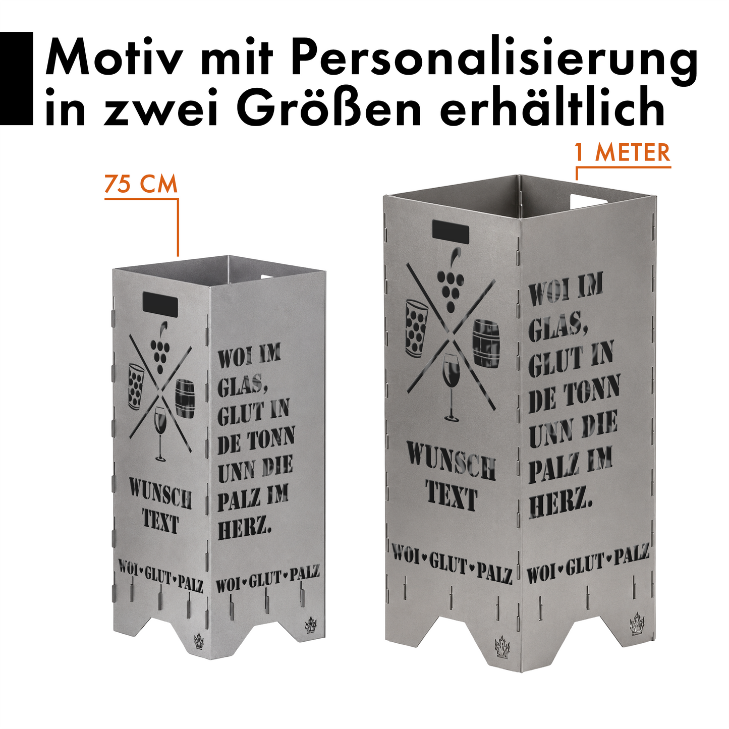 Personalisierte Feuertonne "Pfalz Woitonn" mit Wunschtext in 2 Größen bis 1 m Höhe