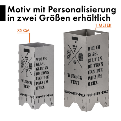 Personalisierte Feuertonne "Pfalz Woitonn" mit Wunschtext in 2 Größen bis 1 m Höhe