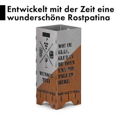 Personalisierte Feuertonne "Pfalz Woitonn" mit Wunschtext in 2 Größen bis 1 m Höhe