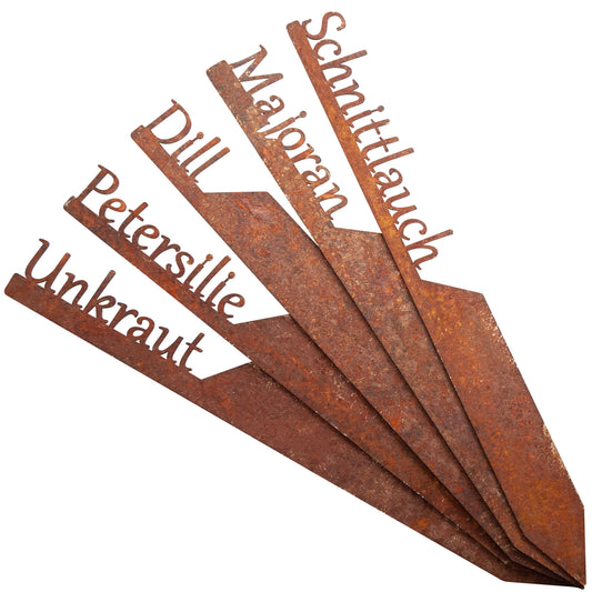Kräuterstecker-Set aus Metall in Rostoptik mit Schriftzügen Unkraut, Petersilie, Dill, Majoran, Schnittlauch