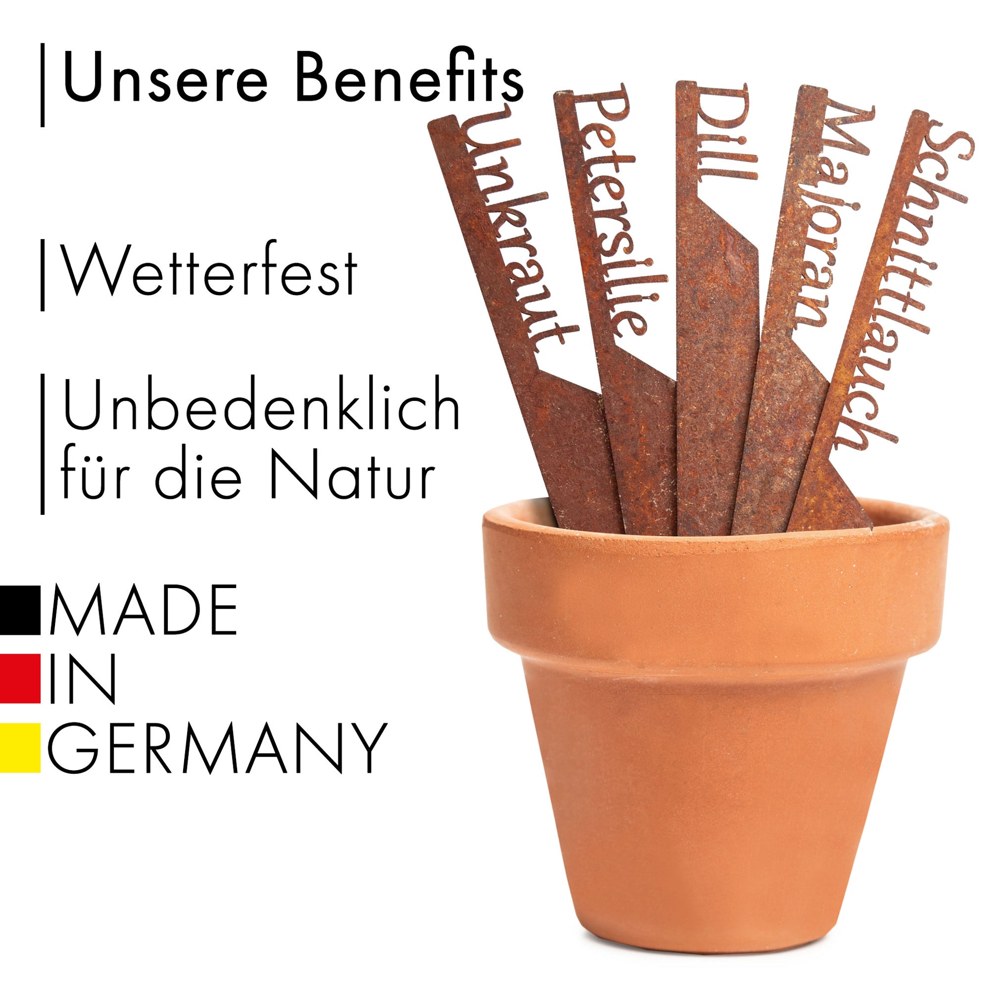 Infografik ‚Unsere Benefits‘: Kräuterstecker-Set aus Metall in Rostoptik im Blumentopf; Hinweise ‚Wetterfest‘, ‚Unbedenklich für die Natur‘ und ‚Made in Germany‘.